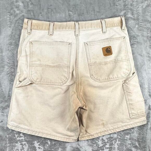 Distressed Vintage 90s Carhartt Carpenter Hemmed Tan Cotton Canvas Shorts 33 - Picture 2 of 7